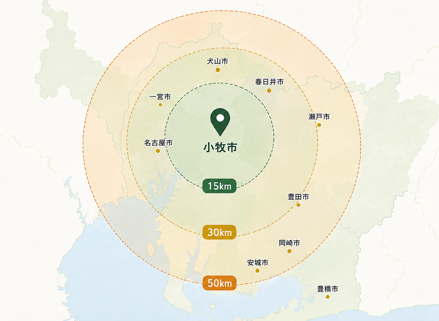小牧市を中心とした出張料金対応エリアマップ（半径15km・30km・50km圏）